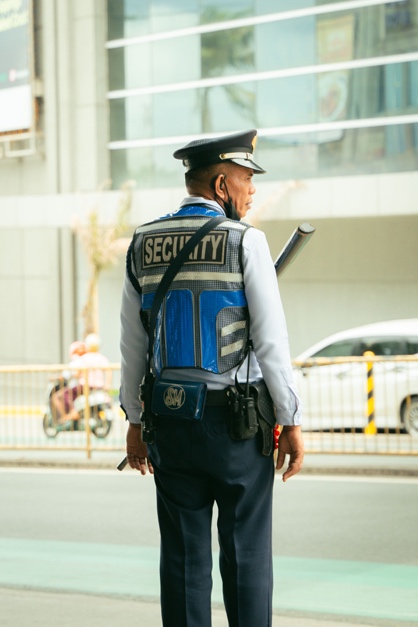 Security officer conducting a patrol around a hotel property