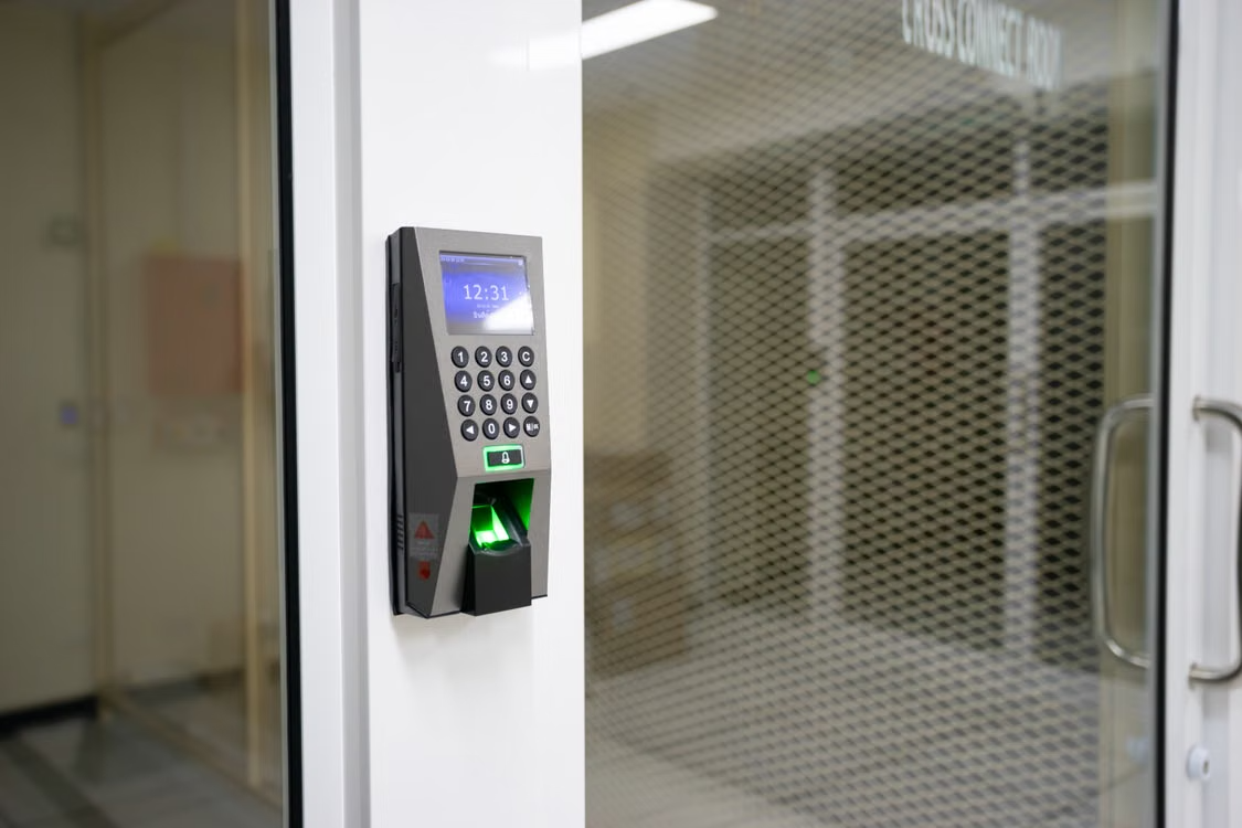 close-up of a modern fingerprint access control system in a building